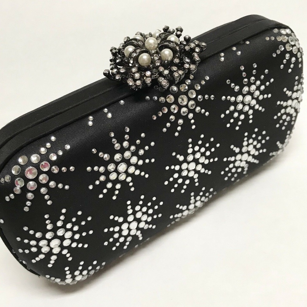 Satin Evening Bag Hard Shell Sparkling Stones and Chain Strap - Picture 2 of 10